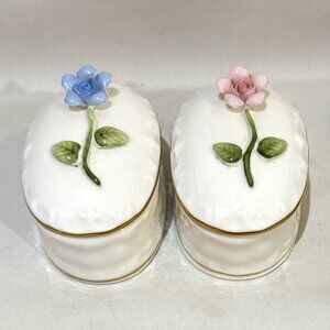 Pair of Hankook Fine Bone China His & Her Trinket Ring Box 3D Flower Valentine